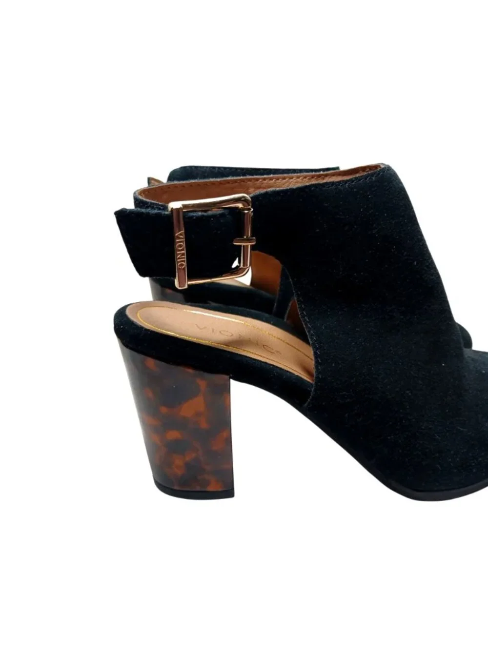 Vionic Lacey Black Suede Heels Shoes Size 7.5 Tortoise Block Heel Shooties Comfy